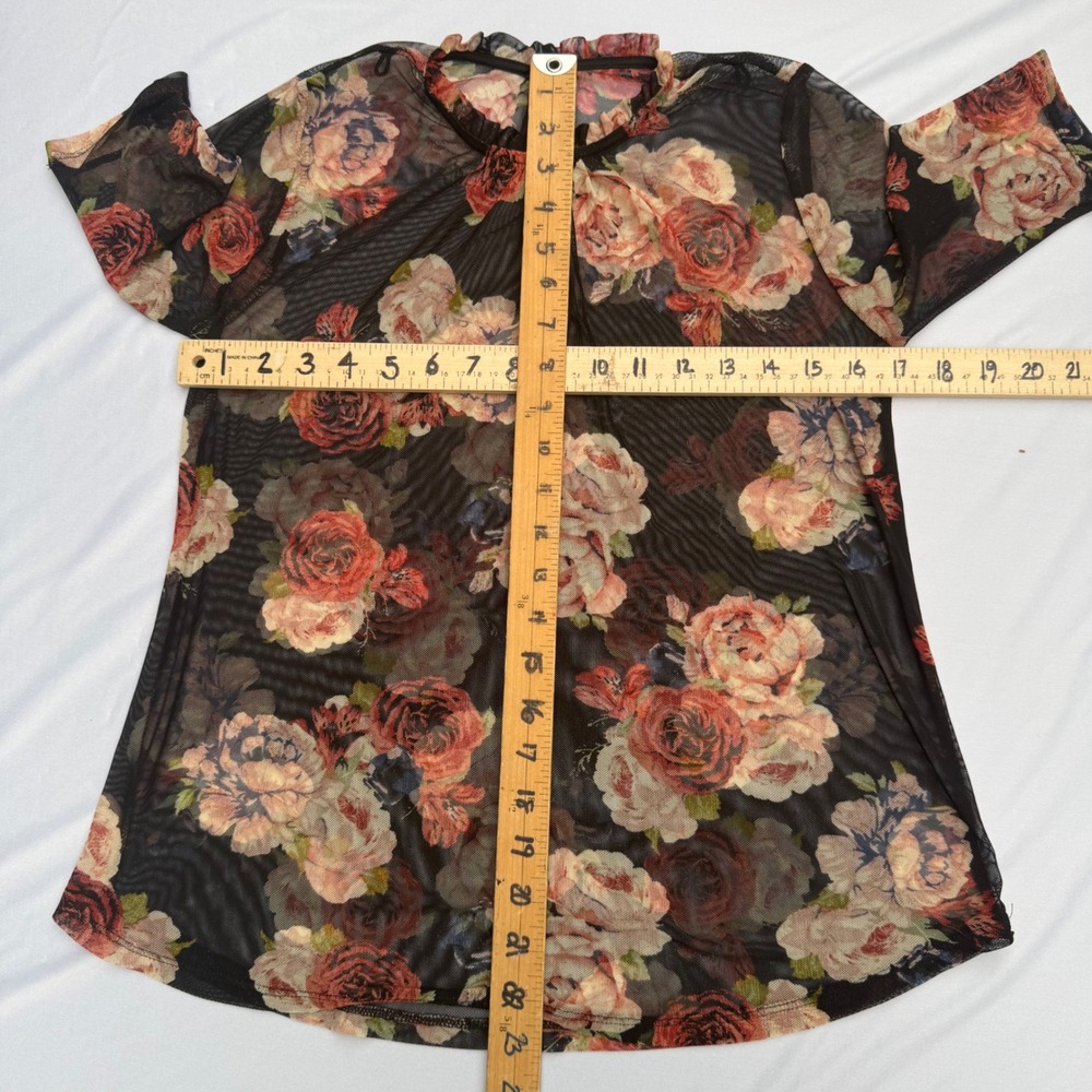 Gap Sheer Floral Mesh Top Ruffle Neck 1/2 Sleeve Romantic Goth Black Burgundy S - Picture 4 of 8